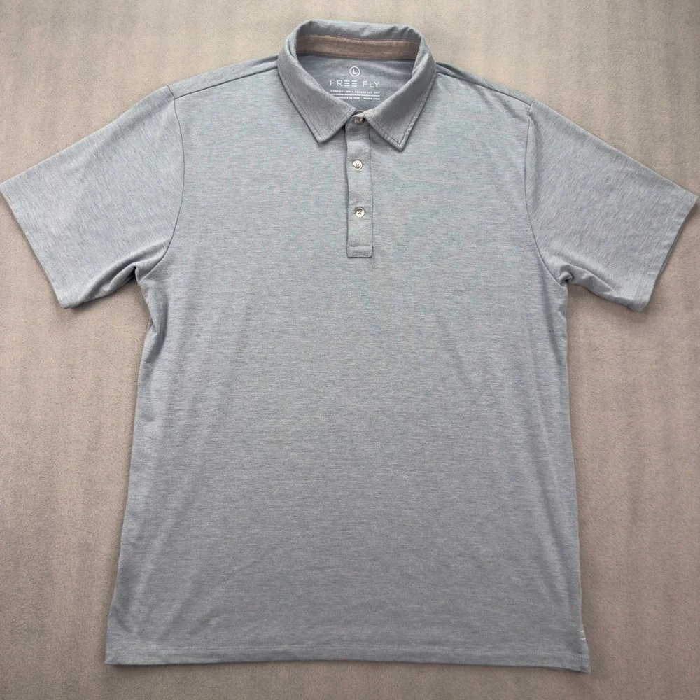 Free Fly Mens Bamboo Polo Shirt Large Blue Short Sleeve Performance Top